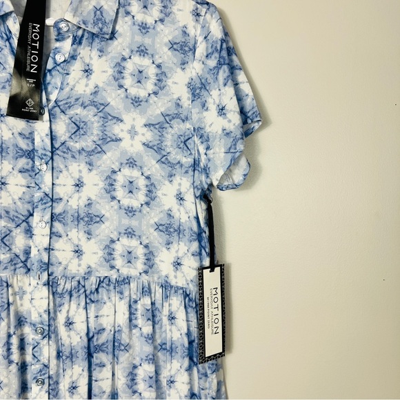NWT Motion Blue& White Button Front Ruffle Pattern Midi Dress Women Size S - Picture 5 of 15